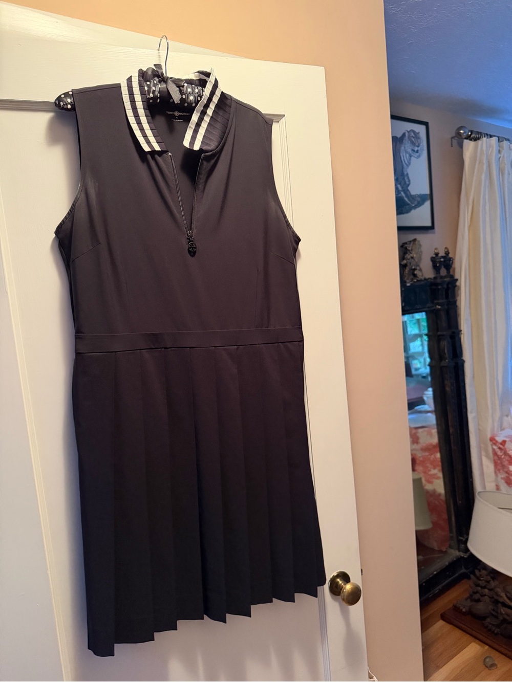 Tory Burch Black Sleeveless Pleated Polo Dress with Striped Collar